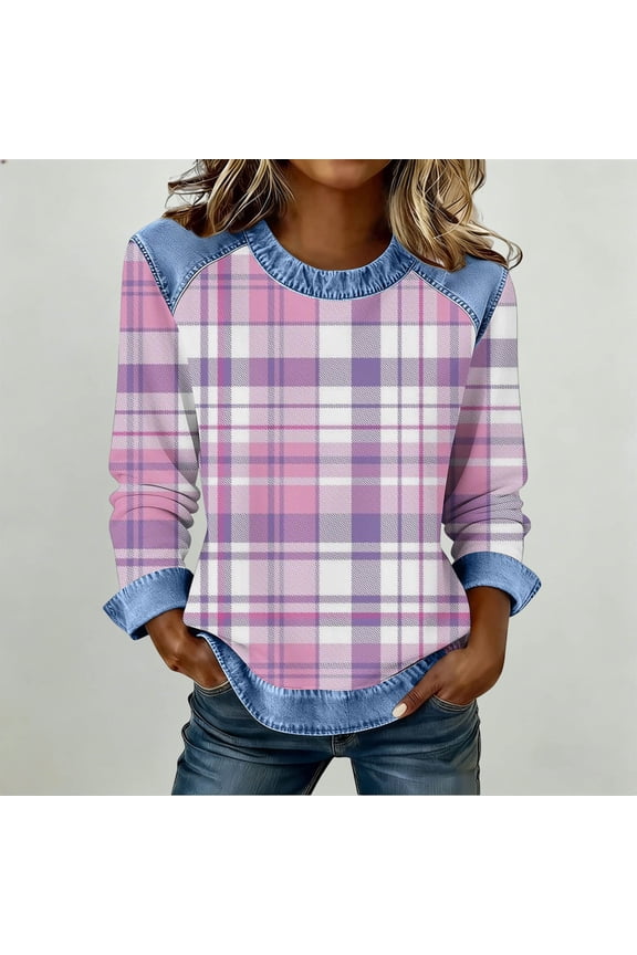 Women's Long Sleeve Shirts Round Neck Casual Plaid Pattern Patchwork Design Blouses Tops