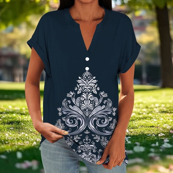 Hxlamzoo Women's Loose Casual V-Neck Button Front Raglan Sleeve Short Sleeve T-Shirt for Everyday Wear