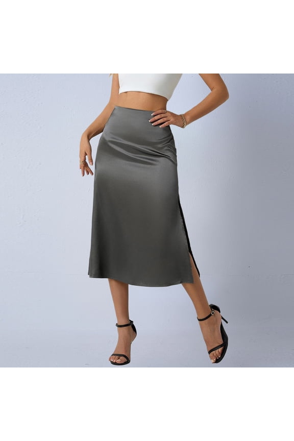 Women's Midi Skirt - High Waist Side Slit Solid Color Flowy - Elegant Draped Satin Mid-Calf Length
