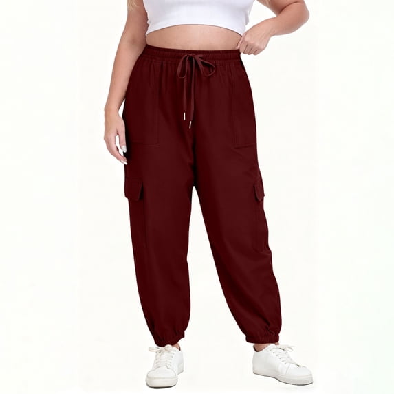 Hxlamzoo Women's Plus Size Solid Color Sweatpants Stretch Drawstring Waist Pants with Pockets