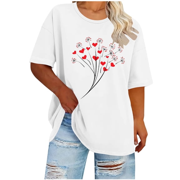 Hxlamzoo Women's Plus Size T-shirt Valentine's Day Heart Print Round Neck Short Sleeve Tops Spring Summer XL-5XL