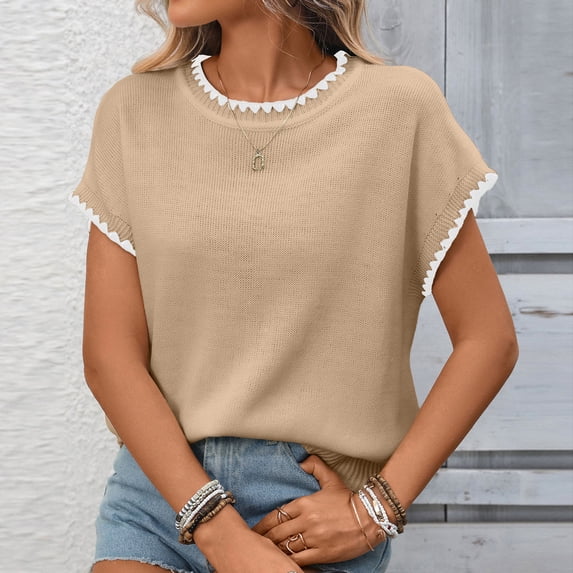 Hxlamzoo Women's Ribbed Knit Top Ruffled Trim Round Neck Short Sleeve Casual Summer Blouse