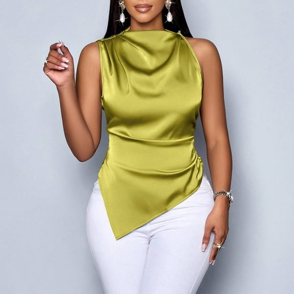 Hxlamzoo Women's Satin Asymmetrical Top Cowl Neck Sleeveless Elegant Party Evening Blouse