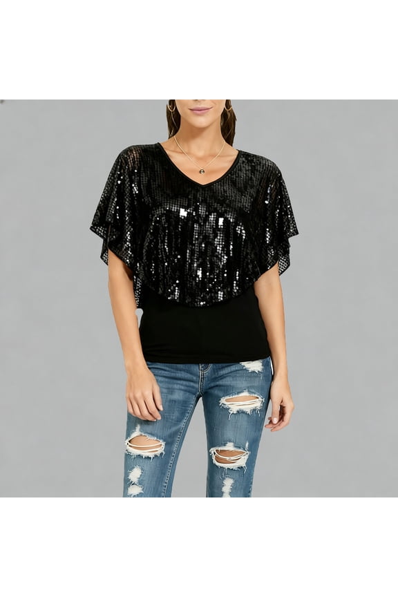 Women's Sequin Batwing Top V-Neck Short Sleeve Sparkly Party Evening Blouse
