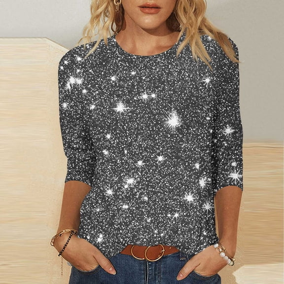Hxlamzoo Women's Sequin Top Round Neck 3/4 Sleeves Sparkly Casual Party Blouse S-2XL