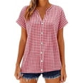 thumbnail image 1 of Hxlamzoo Women's Short Sleeve Blouse V Neck Checkered Pattern Button Shirts Dressy Chic, 1 of 8