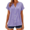 thumbnail image 1 of Hxlamzoo Women's Short Sleeve Blouse V Neck Checkered Pattern Button Shirts Dressy Chic, 1 of 8