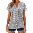 thumbnail image 1 of Hxlamzoo Women's Short Sleeve Blouse V Neck Checkered Pattern Button Shirts Dressy Chic, 1 of 8