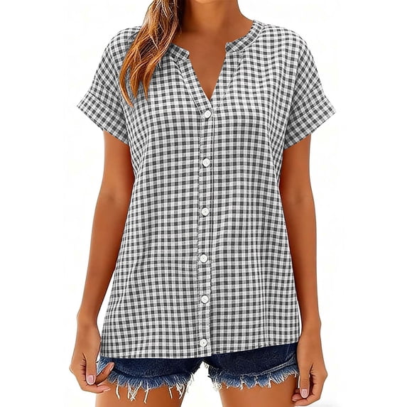 Hxlamzoo Women's Short Sleeve Blouse V Neck Checkered Pattern Button Shirts Dressy Chic