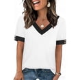 thumbnail image 1 of Hxlamzoo Women's Short Sleeve Blouses Relaxed Fit V-neck Chic Color Block Tops Casual Shirts, 1 of 9