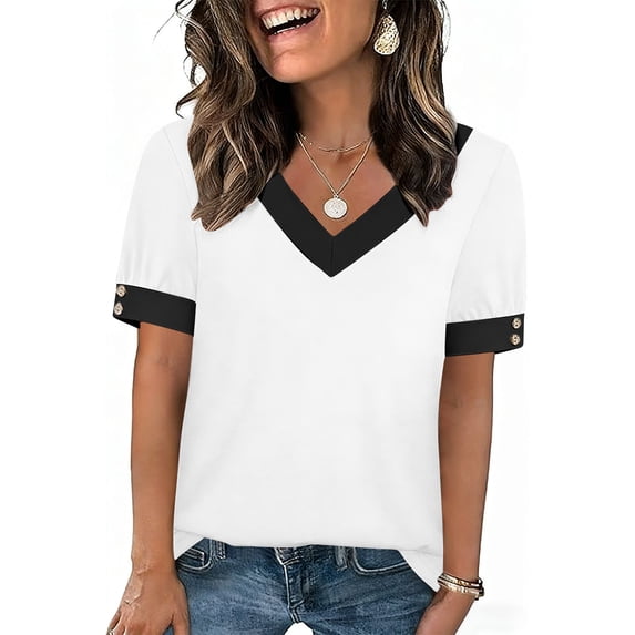 Hxlamzoo Women's Short Sleeve Blouses Relaxed Fit V-neck Chic Color Block Tops Casual Shirts