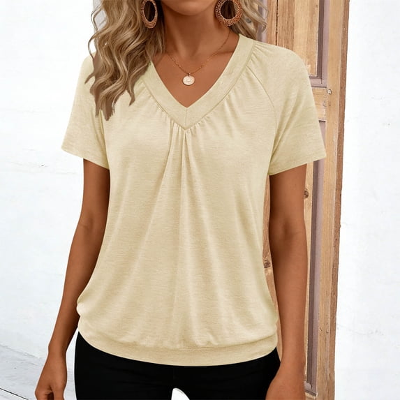 Hxlamzoo Women's Short Sleeve Blouses V-Neck Elegant Solid Color Tops Chic Shirts