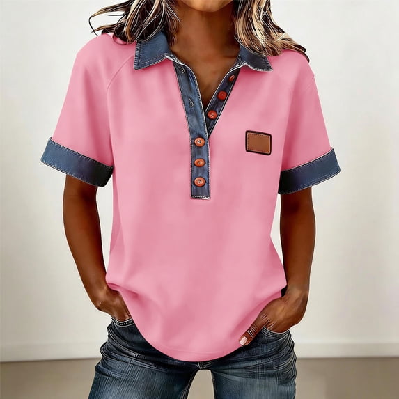 Hxlamzoo Women's Short Sleeve Denim Patchwork Shirt with Button, Relaxed Fit Collar, Solid, Business Casual Style