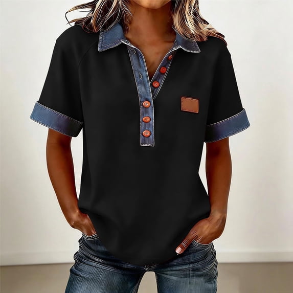 Hxlamzoo Women's Short Sleeve Denim Patchwork Shirt with Button, Relaxed Fit Collar, Solid, Business Casual Style