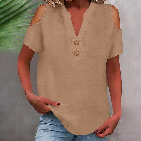 Hxlamzoo Women's Short Sleeve Tees Relaxed Fit V-Neck Solid Elegant Linen Cotton Off-Shoulder Tops Casual
