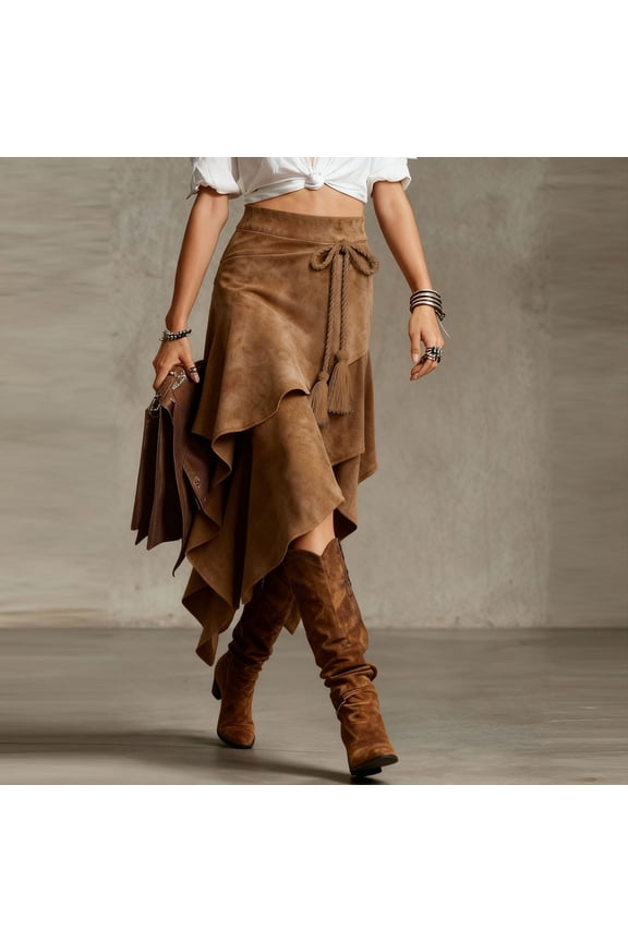 Women's Skirt Asymmetric Ruffle Midi Skirt with Tassel Decoration Boho Chic Ankle-Length String Tie Design