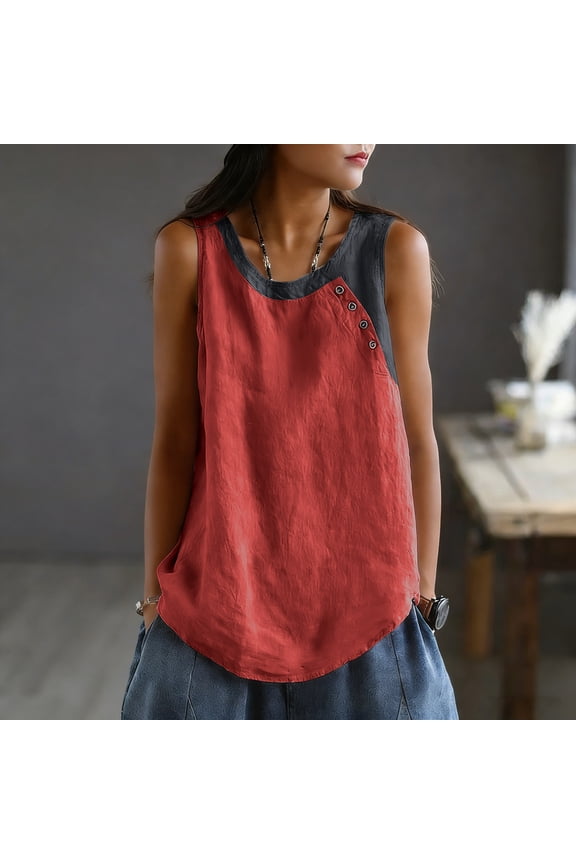 Women's Sleeveless Cami with Asymmetric Hem, Button and Patchwork Design Casual Top