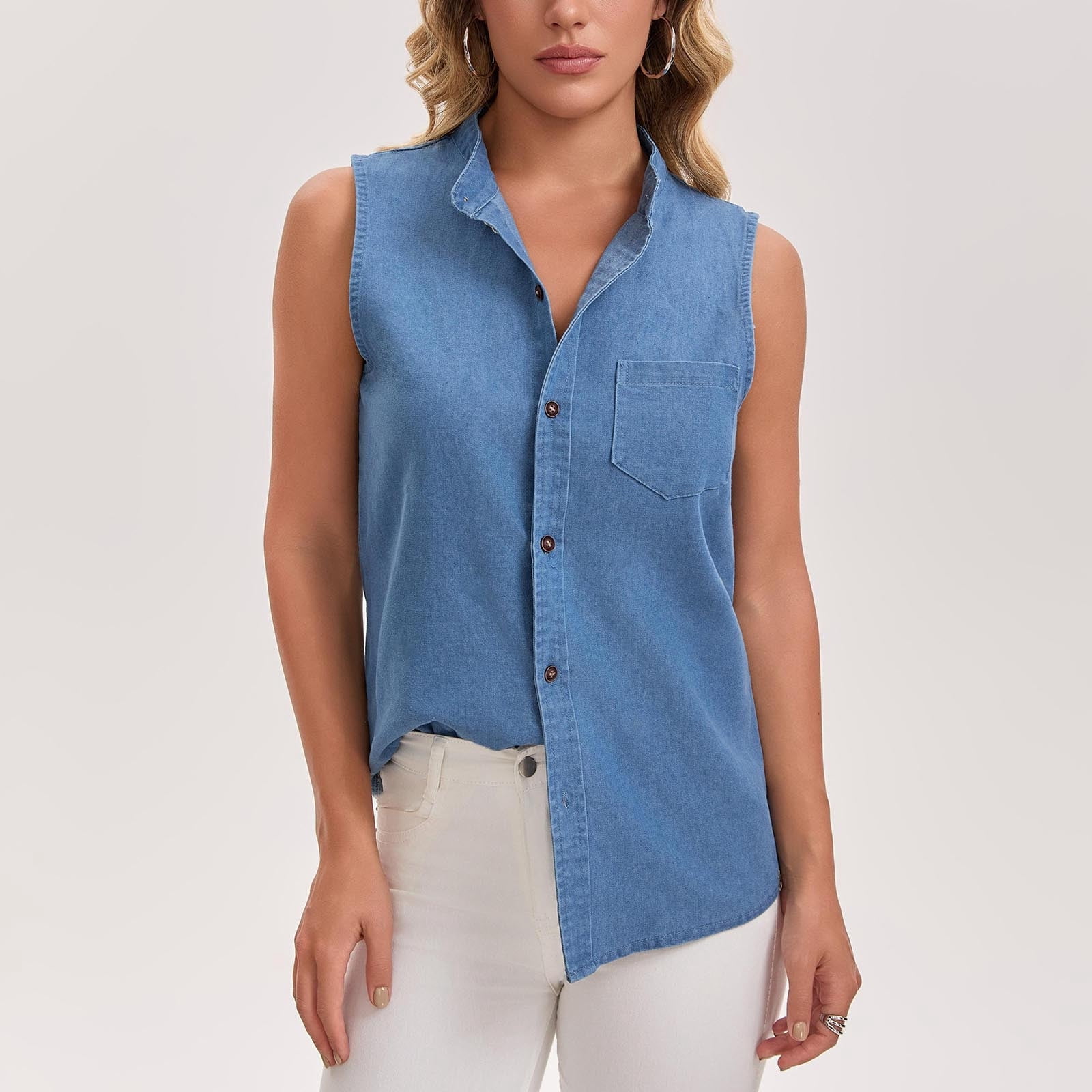 Hxlamzoo Women's Sleeveless Denim Shirt with Lapel Collar, Button Front ...