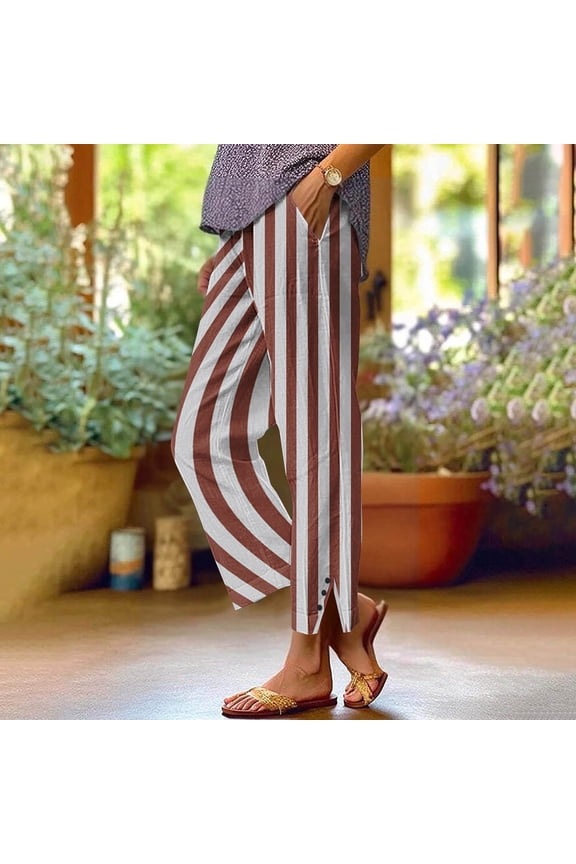 Women's Striped Print Pants Elastic Waist Casual Straight Leg Button Hem Slit Trousers with Pockets