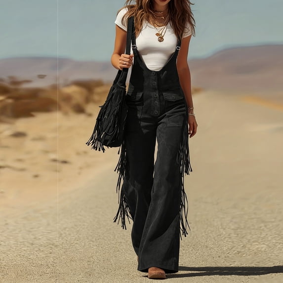 Hxlamzoo Women's Vintage Suede Jumpsuit Fringe Wide Leg Button Pockets Solid Color Overalls