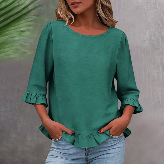 Hxlamzoo Womens 3/4 Length Sleeve Blouse Dressy Round Neck Shirts with Rulled Cuffs & Hem 2026 Summer Fashion