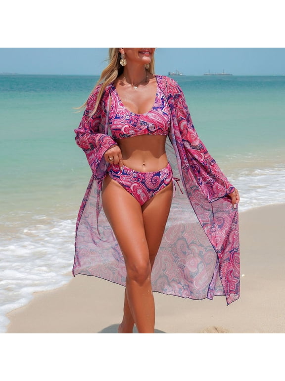 Womens Bikini Sets with Cover Up High Waisted Tummy Control Halter Swimwear 3 Piece Bathing Suits for Summer Vacation