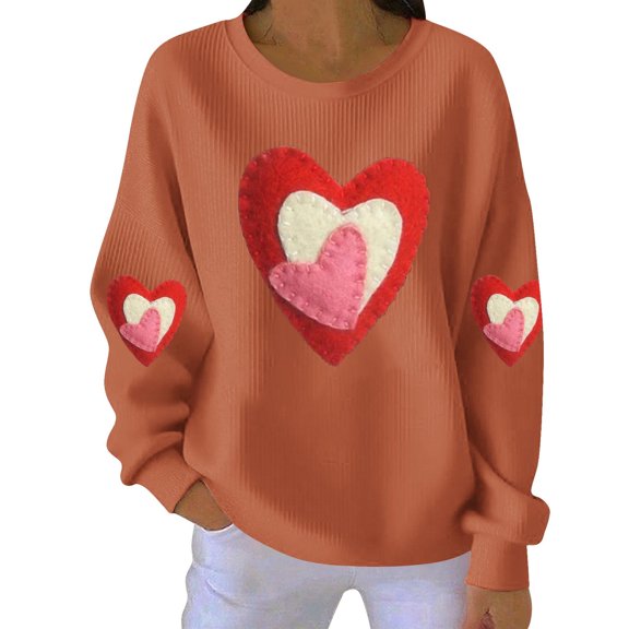 Hxlamzoo Womens Valentines Sweatshirt Love Heart Printed Graphic Ribbed Crewneck Pullover Casual Long Sleeve Tops