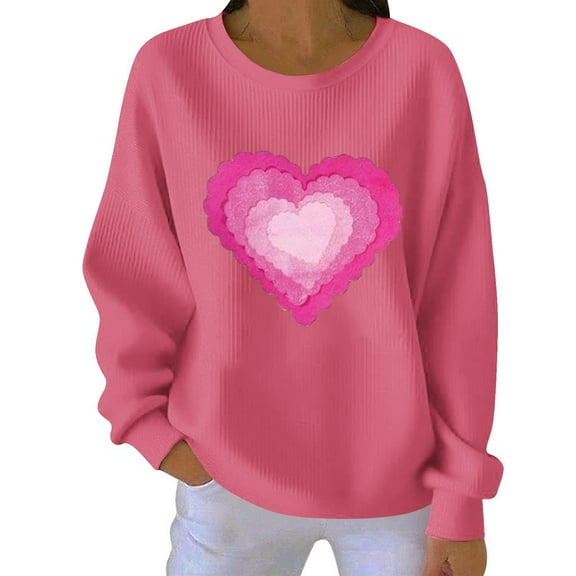 Hxlamzoo Womens Valentines Sweatshirt Love Heart Printed Graphic Ribbed Crewneck Pullover Casual Long Sleeve Tops