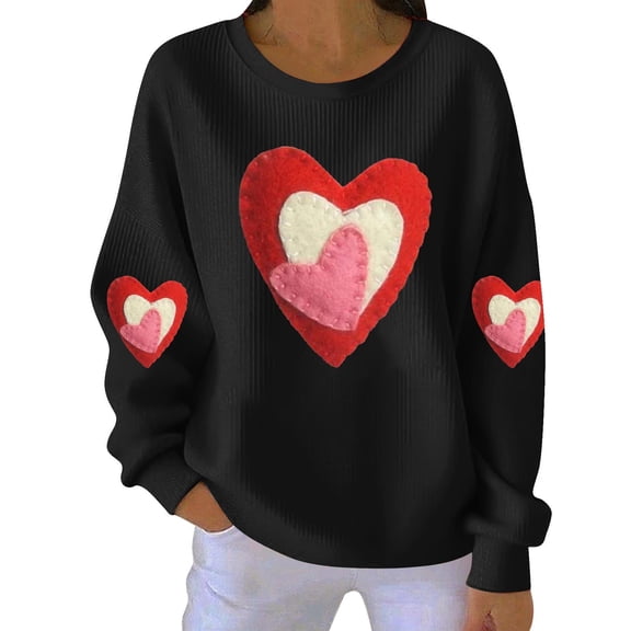 Hxlamzoo Womens Valentines Sweatshirt Love Heart Printed Graphic Ribbed Crewneck Pullover Casual Long Sleeve Tops