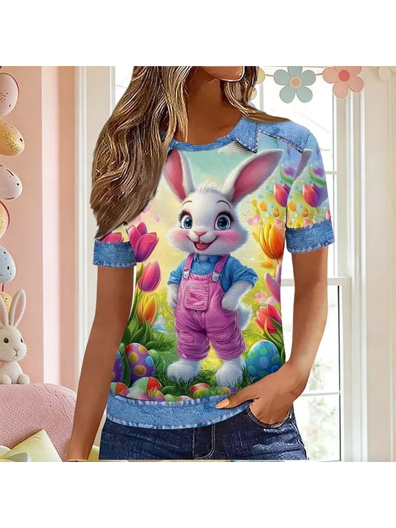 Womens Waffle Knit Tops 2026 Easter Short Sleeve Casual Print Shirts Crew Neck Oversized Blouses