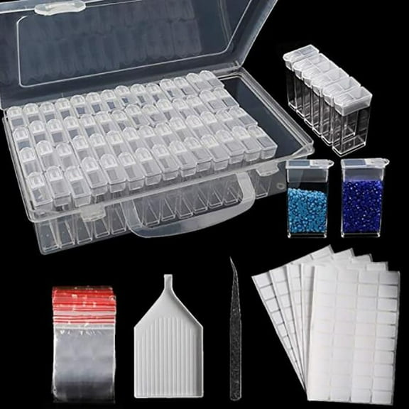 Hxlazmoo 64-Compartment 5D Diamond Embroidery Sorting Box with Removable Lids & Stickers - Transparent PP Plastic Storage Organizer for Crafts, Beads & Jewelry Accessories