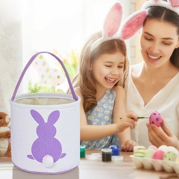 Hxoliqit Cute Animal Basket Holiday Rabbit Bunny Printed Canvas Gift Carry Candy Bag(Purple) For Easter