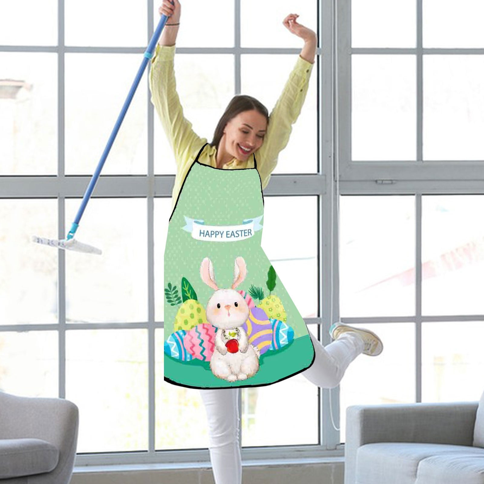 Hxoliqit Easter Easter Cartoon Rabbit Eggs Easter Polyester Fine Grain Sleeveless Apron Home Smock Multi Function Apron for kitchen