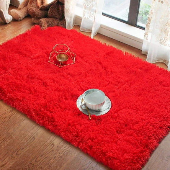 Hxoliqit Modern Shaggy Red Area Rug, 5’ x 7’, Soft Fluffy, Non-Slip