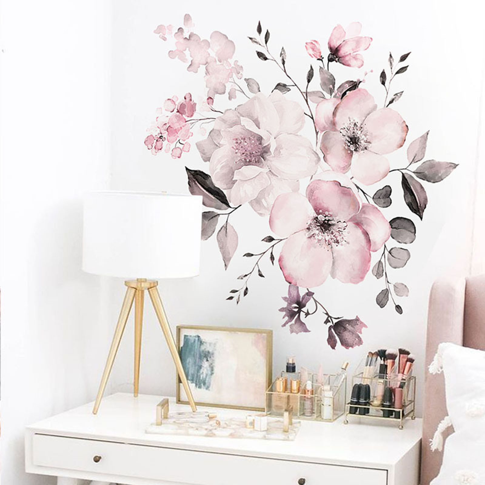 Hxoliqit Wall stickers ideas,Watercolor Pink Flowers And Leaves Playing