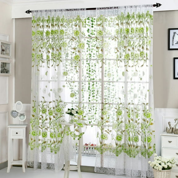 Hxoliqit,Window Valances For Living Room,Peony Sheer Curtain Tulle Window Treatment Voile Drape Valance 1 Panel Fabric,Green