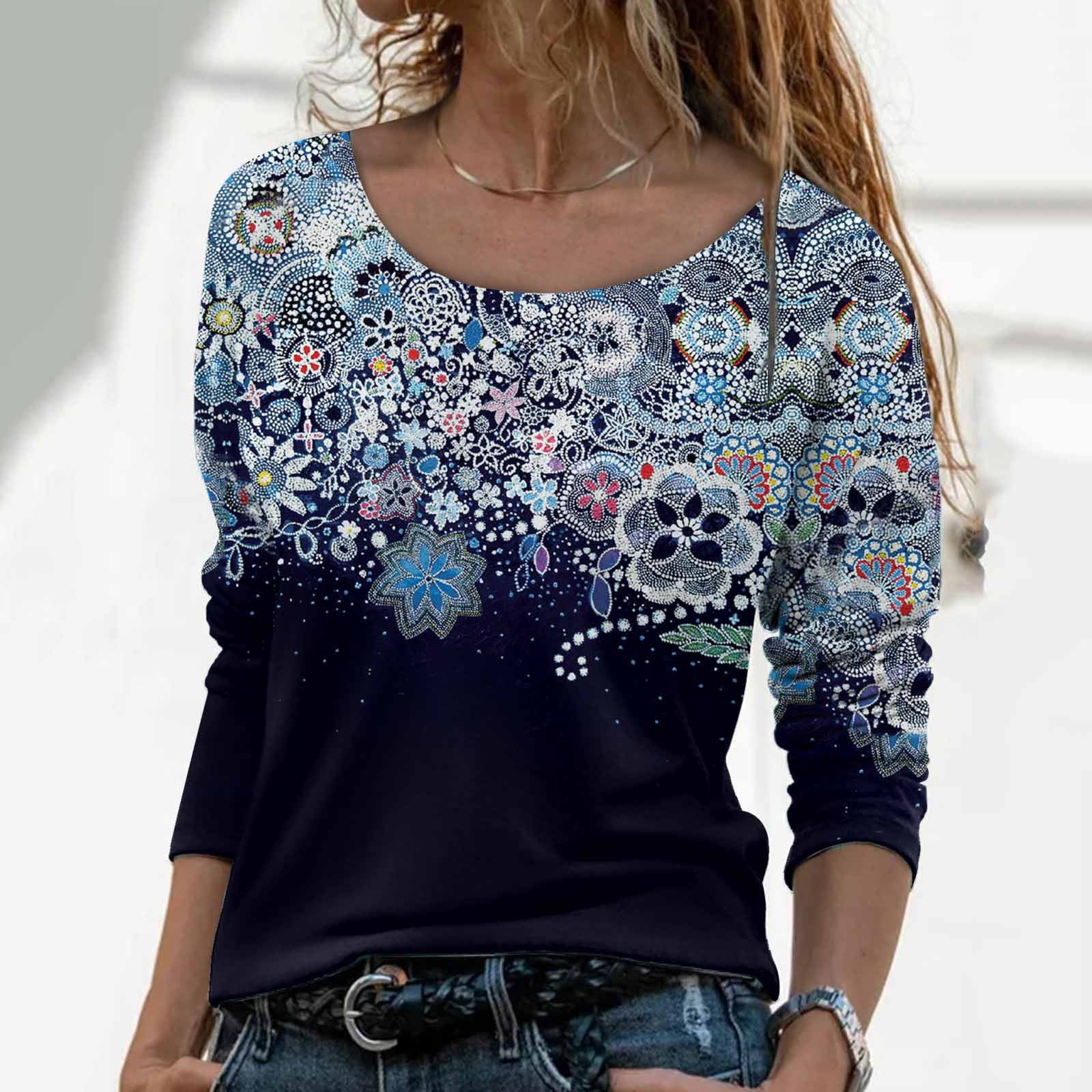 Hxroolrp Womens Tops Dressy Casual Women Floral Fall Long Sleeve Color ...