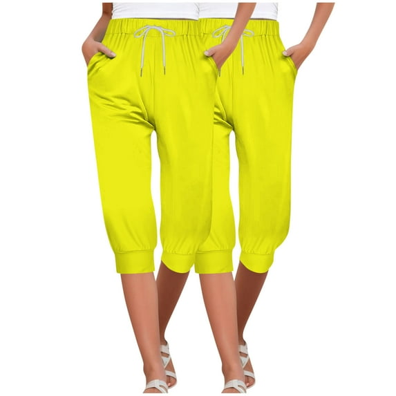 Hxshgdsn 2 Pack Capriss Pants for Women Casual Elastic Tie Waist Loose Long Pants with Pocket Solid Color Drawstring Capris Sweatpants,Yellow,M