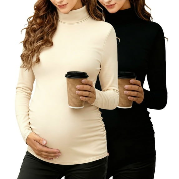 Hxshgdsn 2 Pack Maternity Shirts Turtle Neck Long Sleeve Pullover With Side Ruched Base Layer Tops Black Xl