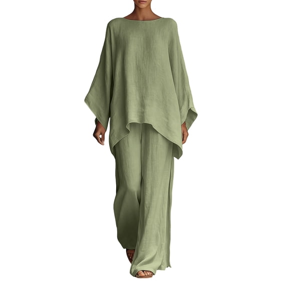 Hxshgdsn 2 Piece Casual Set for Women Batwing Sleeve Asymmetrical Hem Top Elastic Waist Wide Leg Pants Matching Set(Army Green/2XL)