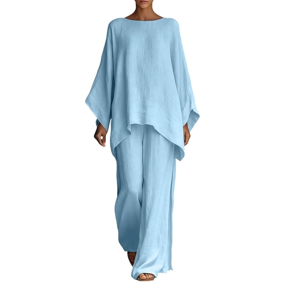 Hxshgdsn 2 Piece Casual Set for Women Batwing Sleeve Asymmetrical Hem Top Elastic Waist Wide Leg Pants Matching Set(Sky Blue/XL)
