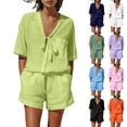 thumbnail image 1 of Hxshgdsn 2 Piece Sets for Womens V Neck Tie Front Short Sleeve Drawstring Waist Casual Romper Workout Summer Set（Blue/L）, 1 of 10