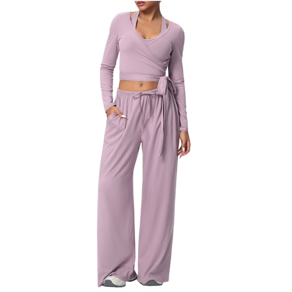 Hxshgdsn 2 Piece Womens Matching Yoga Set Long Sleeve Side Tie Top Wide Leg Drawstring Pants Sets with Pockets(Purple/S)