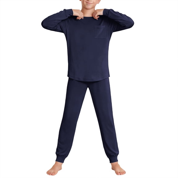 Hxshgdsn 2Piece Girls Pajamas Set Relaxed Fit Crew Neck Pullover Tops Cuffs Long Sweatpants Soft Spring Navy 5 Years
