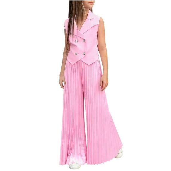 Hxshgdsn 2Piece Girls Summer Clothing Set Sleeveless Double Breasted Blazer Vest With Wide Leg Pants Outfits Pink 3-4Years