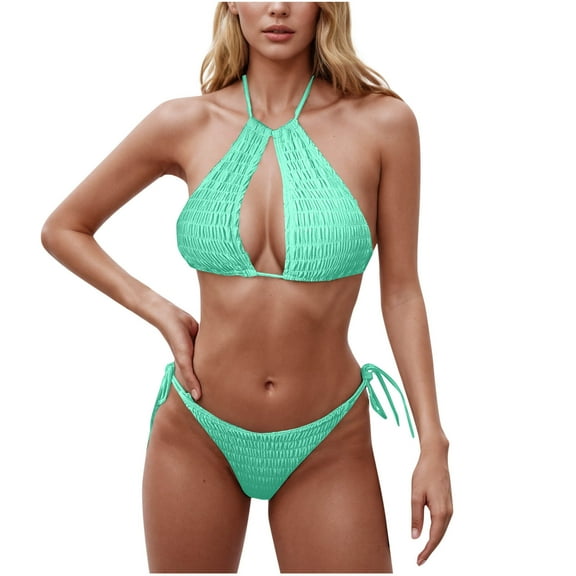 Hxshgdsn 2Piece Womens Thongs Bikini Sets Mesh String Swimsuit Halter Swimwear Hollow Out Beach Bathing Suits Mint Green Xl