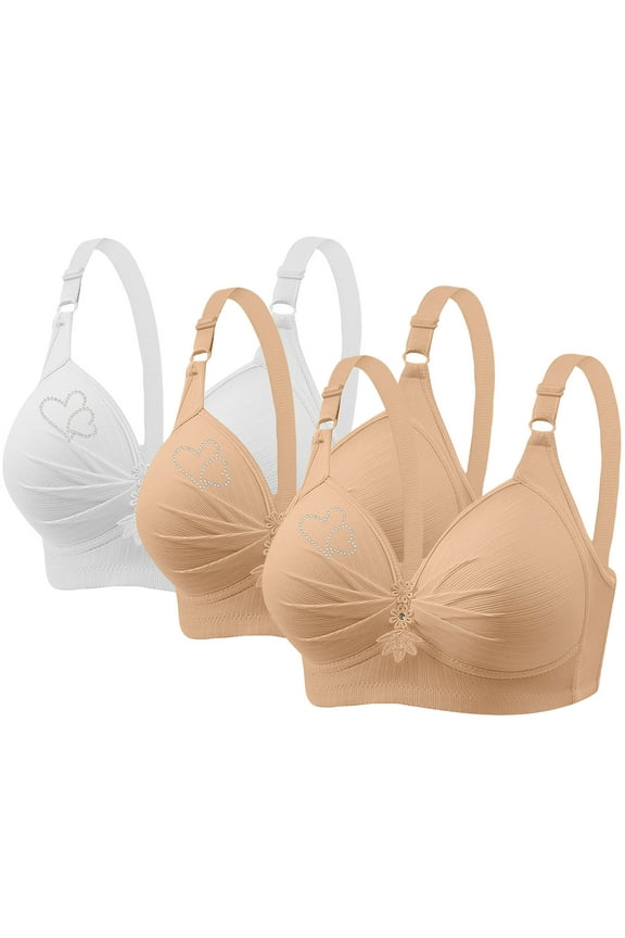 3PC Back Closure Bras Casual Push Up Shaping Cup Shoulder Strap Embroidered Underwire Bras Plus Size Extra-Elastic Wirefree Womens Bras,White,42C