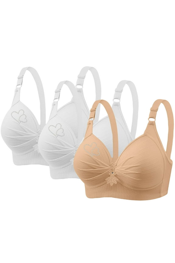 3PC Back Closure Bras Casual Sexy Push Up Shaping Cup Shoulder Strap Embroidered Underwire Bras Plus Size Extra-Elastic Wirefree Womens Bras,Beige,42C
