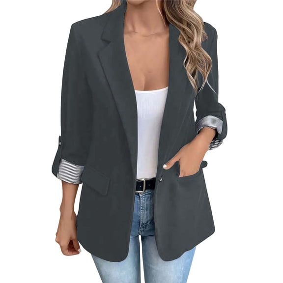 Hxshgdsn Blazer Jackets For Women Dress Open Front Long Sleeve Cardigan Coat With Pockets Work Office Casual Dark Gray Xxl