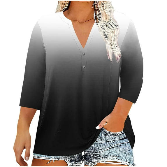 Hxshgdsn Blouses for Women 3/4 Sleeve Plus Size Gradient Color V Neck Trendy Casual Pullover Tops(Black/L)